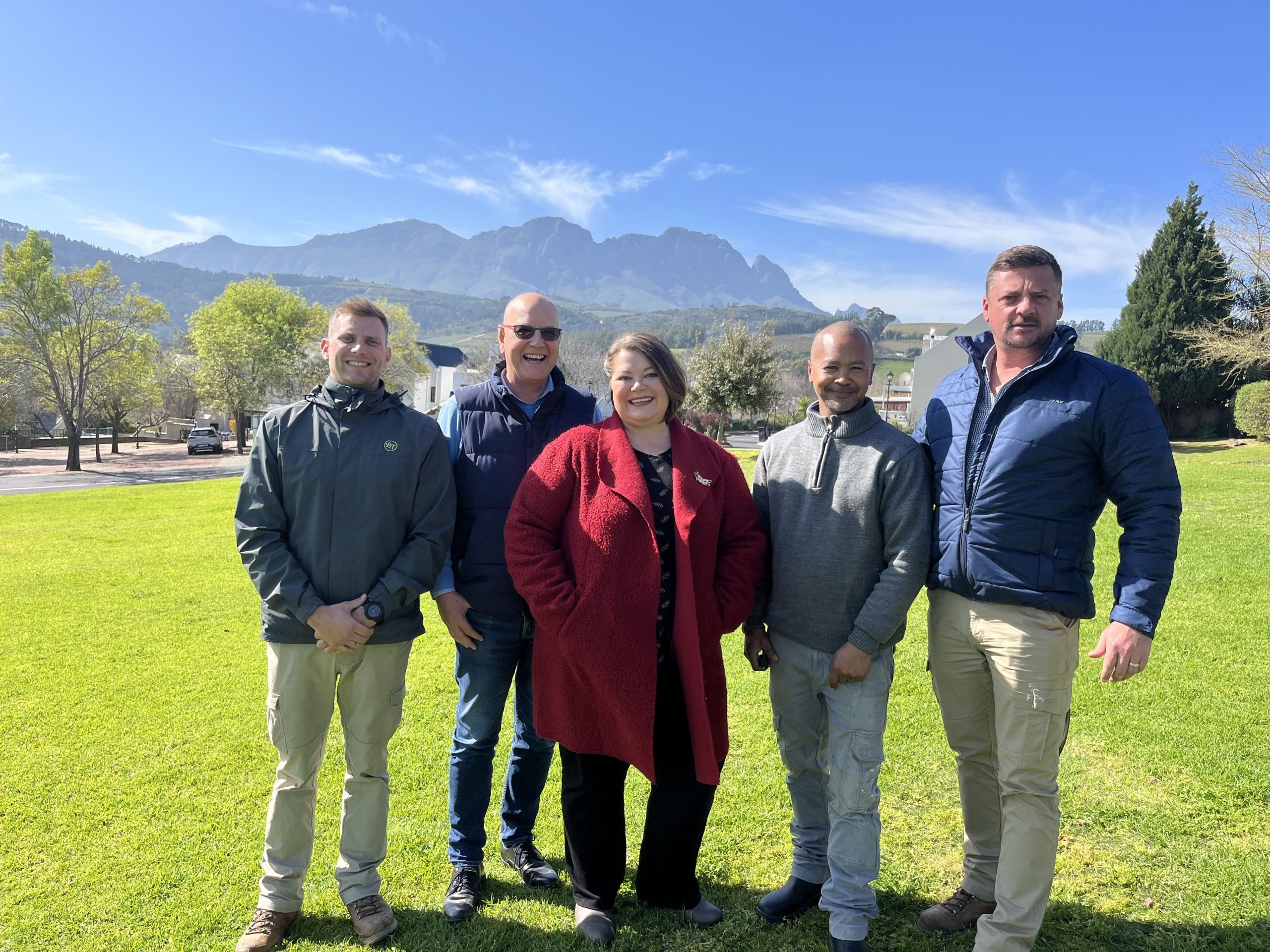 From left to right : Paul Jordaan (Landscape Manager), Gawie Marx (Estate manager), Anneke Du Toit (Office Manager), Hein Wanza (Mantainance Supervisor), Petrus Brandt (Risk and Security Manager)